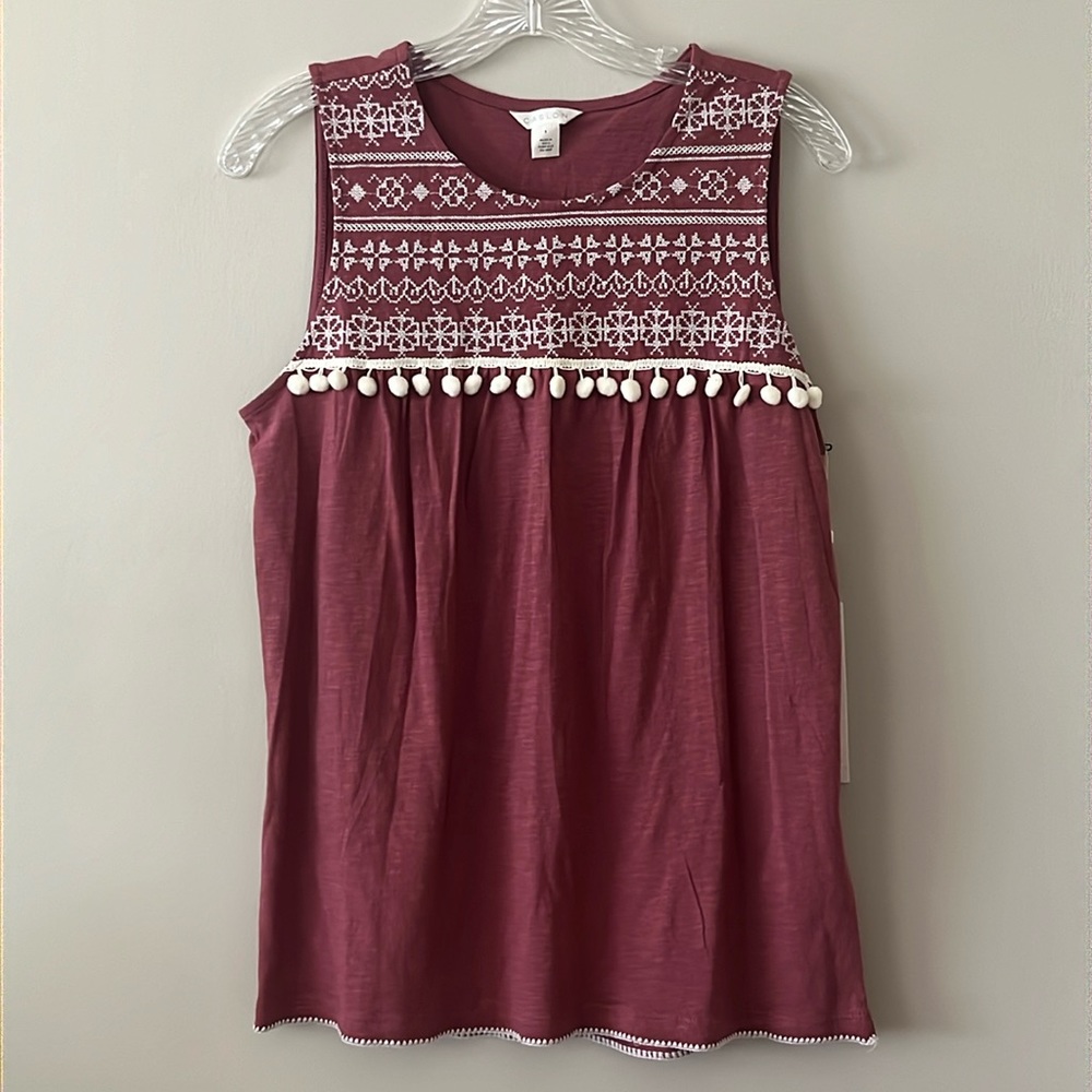 CASLON (at Anthropologie) Sleeveless Top, Plumb w/ Cream Embroidery, NWT - SZ S